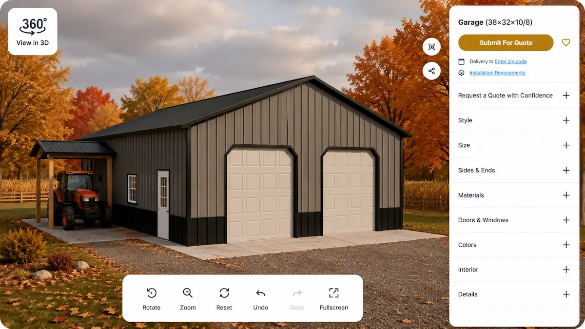 3D design tool preview of a 38x32x10/8 garage pole building with black metal roof, gray siding, dual overhead garage doors, attached lean-to, and autumn landscape by Timberline Buildings