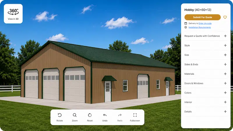 3D design tool preview of a 40x60x12 Detached Garage Building with green roof, tan metal siding, and multiple garage doors by Timberline Buildings