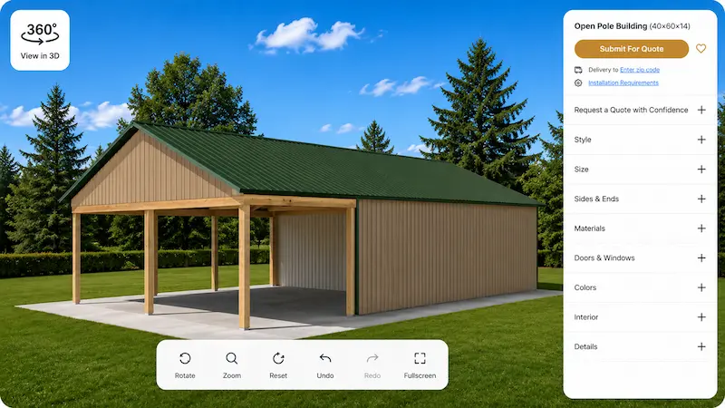 Open Pole Building Design Tool 40x60x14 Covered Post Frame Building 3D design tool preview of a 40x60x14 open pole building with enclosed side wall, green metal roof, tan siding, and covered front area by Timberline Buildings
