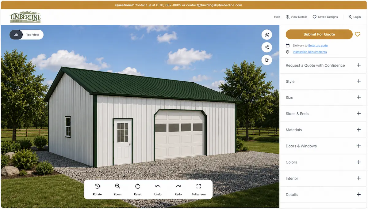 123-30′ x 32′ White Pole Building with Evergreen Roof and Trim-3D Design 30′ x 32′ White Pole Building 3D Design