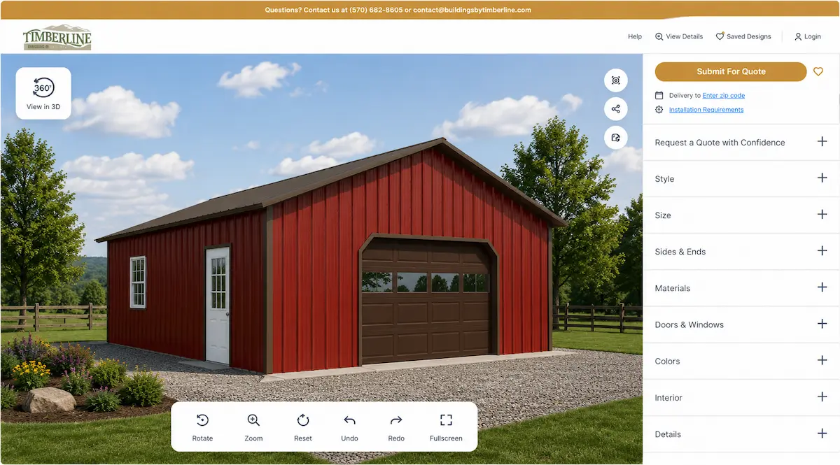 Interactive 3D designer showing a 24x28 Colonial Red pole barn garage with brown overhead door, configured on the Buildings by Timberline design tool