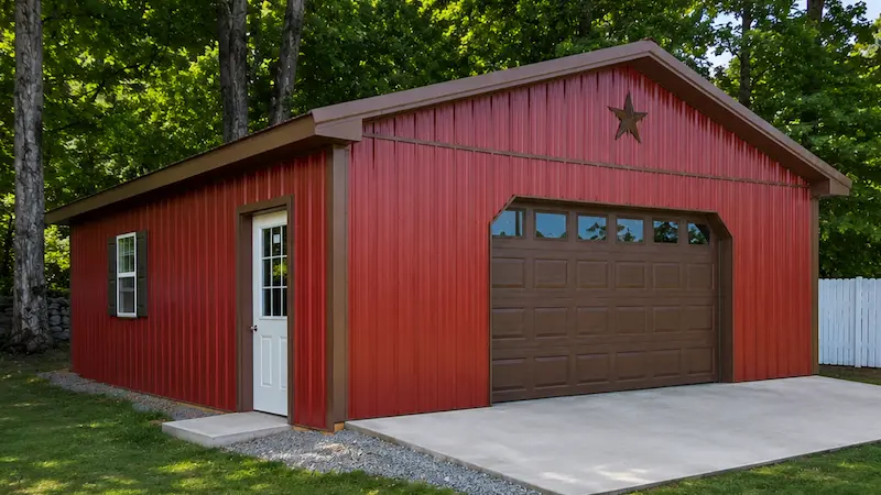 24x28 pole barn garage with Colonial Red steel siding, brown raised panel overhead door, and concrete apron built by Timberline in Pennsylvania
