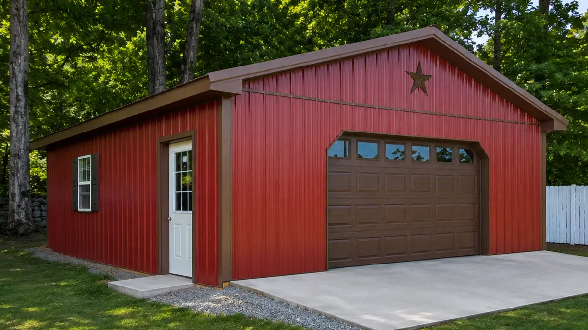 24x28 pole barn garage with Colonial Red steel siding, brown raised panel overhead door, and concrete apron built by Timberline in Pennsylvania