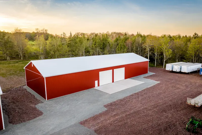 Aerial view of a completed post-frame pole building used for storage and equipment protection in Pennsylvania
