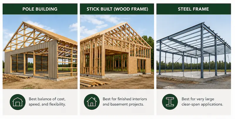 Pole building vs stick built vs steel frame construction comparison showing three common building systems