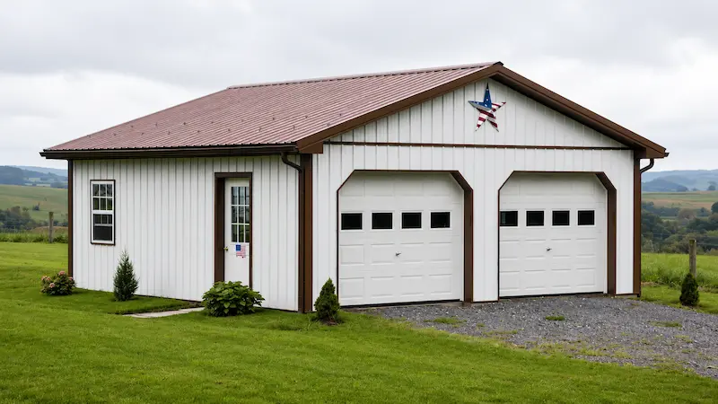 24x24 white pole barn with brown roof and trim, two garage doors with windows, entry door, window, and rain gutters