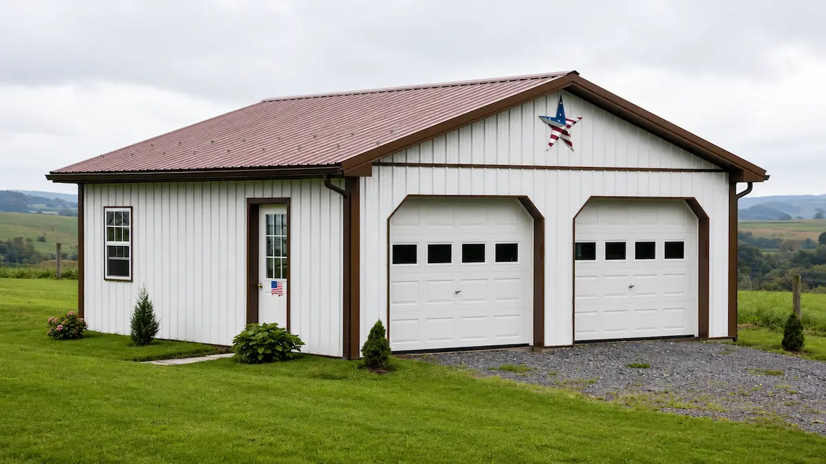 24x24 white pole barn with brown roof and trim, two garage doors with windows, entry door, window, and rain gutters