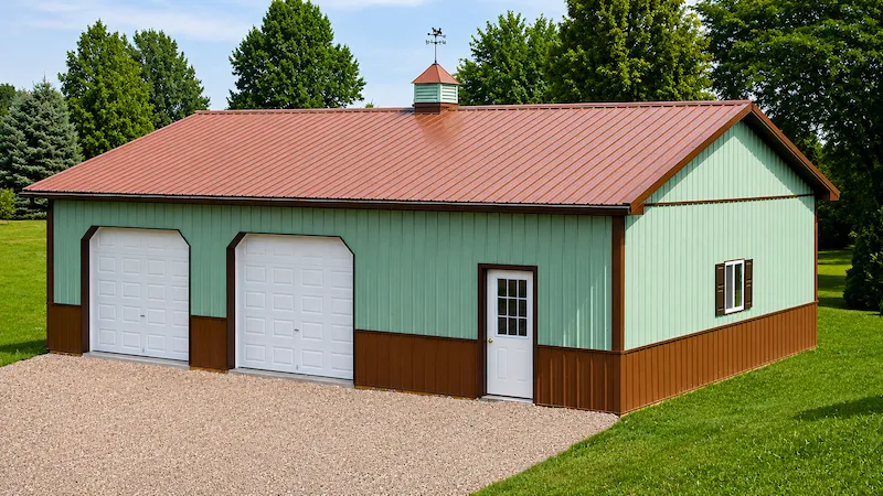 30x40 patina green pole barn with brown roof and trim, two garage doors, entry door, cupola, and wainscoting