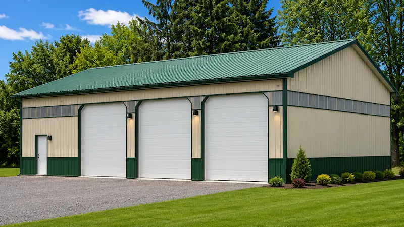 40x60 Beige Agricultural Barn with 3 Garage Doors and Evergreen Roof