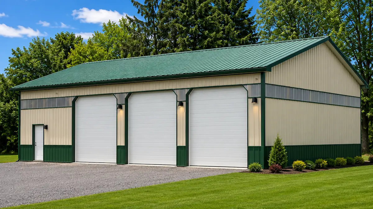 40x60 Beige Agricultural Barn with 3 Garage Doors and Evergreen Roof