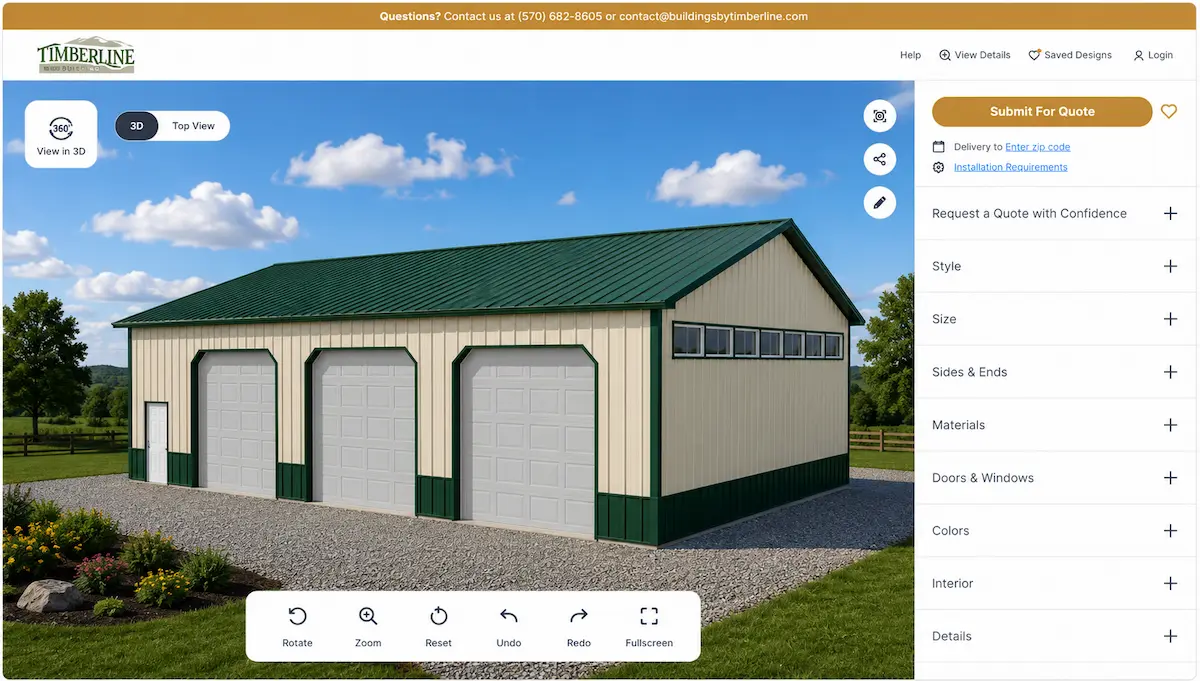 Three-bay residential post frame garage with high-clearance overhead doors and clerestory windows displayed in Timberline Buildings' interactive 3D building design tool.