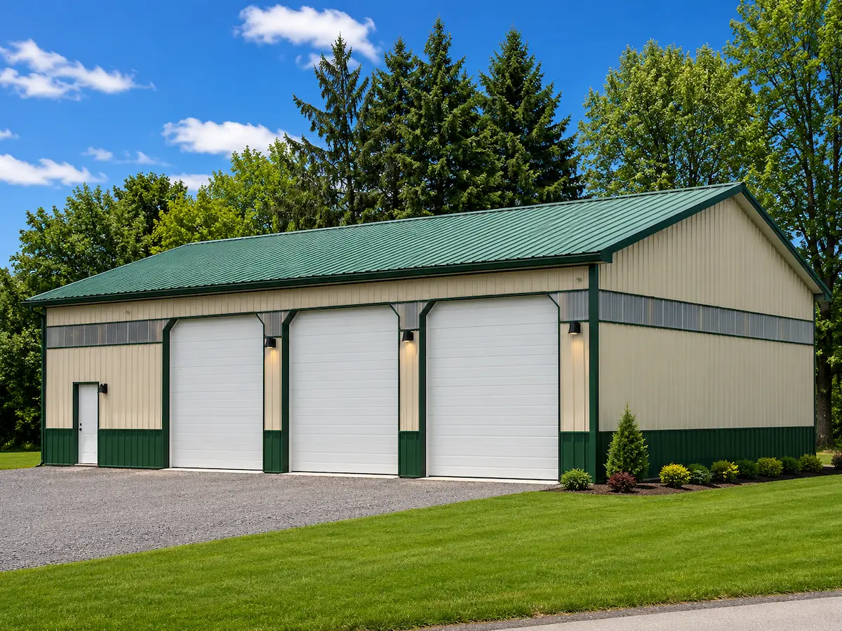 40x60 Beige Agricultural Barn with 3 Garage Doors and Evergreen Roof