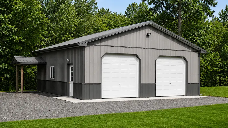 30x32 pewter gray pole barn with charcoal metal roof and trim — Modern Contrast color combination