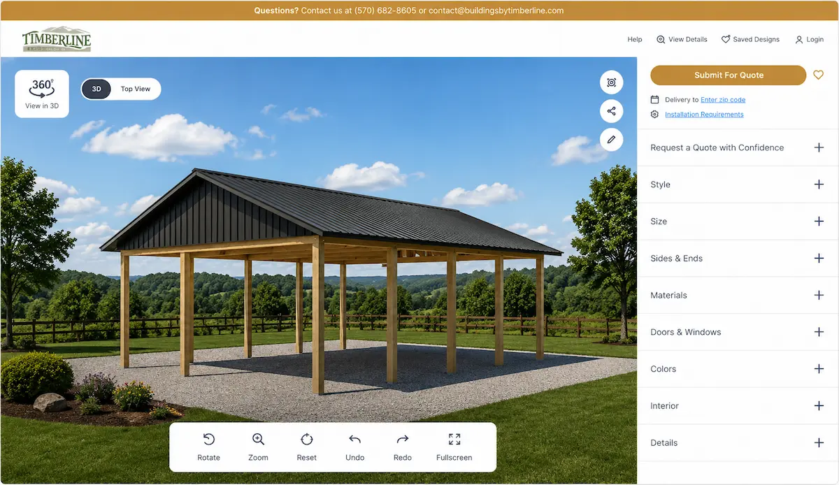 605-Residential Post Frame Pavilion | Timberline Buildings Open residential post frame pavilion with a metal roof displayed in Timberline Buildings' interactive 3D building design tool.