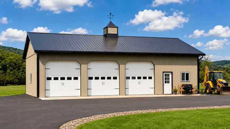 30×40 Garage with Cupola with black roof, overhead doors