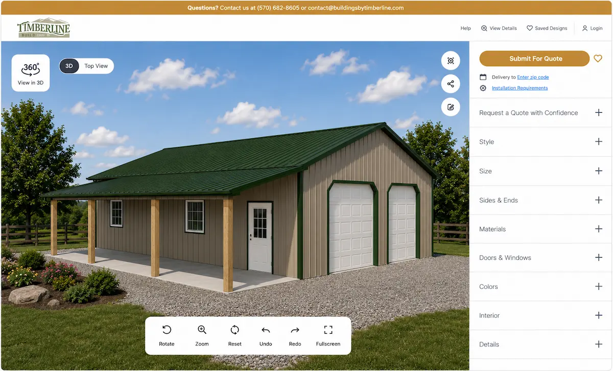 Residential Post Frame Garage with Covered Porch Custom residential post frame garage with covered front porch and two overhead doors displayed in Timberline Buildings' interactive 3D design tool.