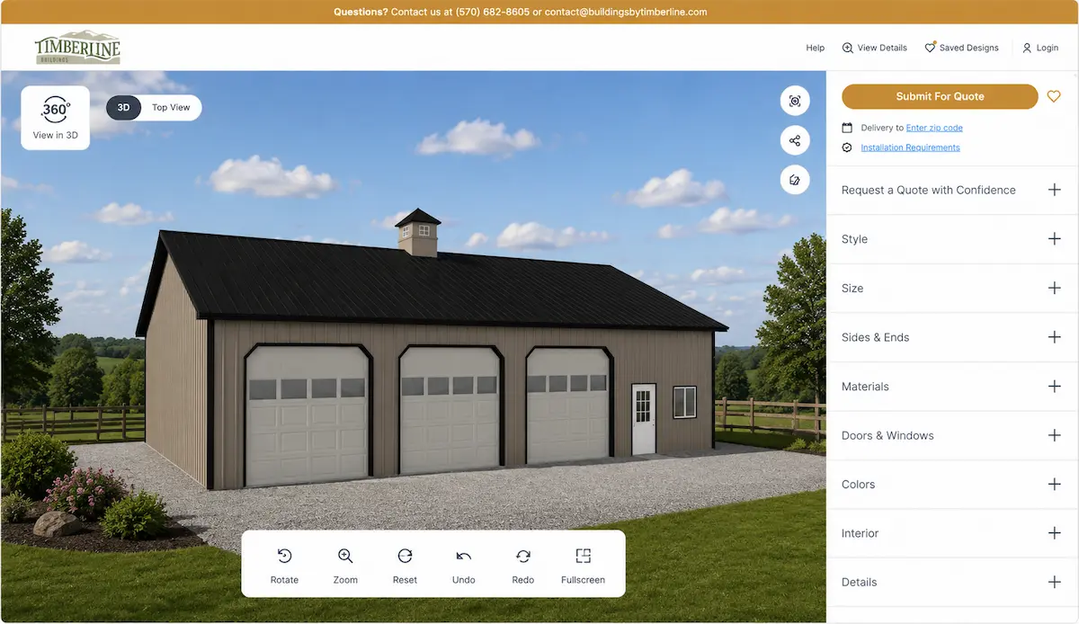 Three-car residential post frame garage with three overhead doors displayed in Timberline Buildings' interactive 3D building design tool.