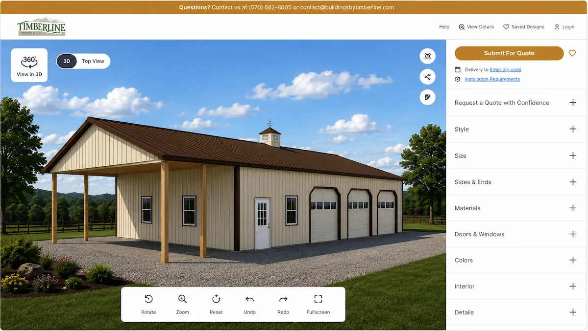 Residential Post Frame Garage with Covered Porch | Timberline Buildings Residential post frame garage with a covered front porch and three overhead garage doors displayed in Timberline Buildings' interactive 3D building design tool.