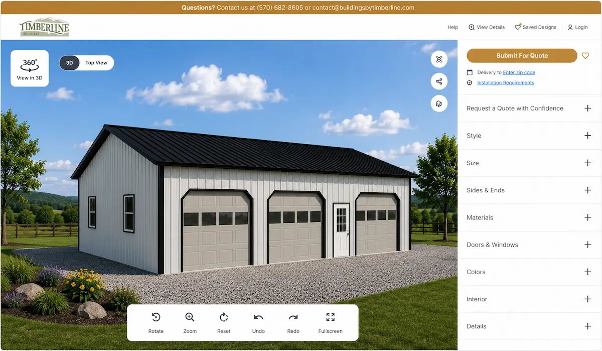 Three-car residential post frame garage with three overhead garage doors displayed in Timberline Buildings' interactive 3D building design tool.