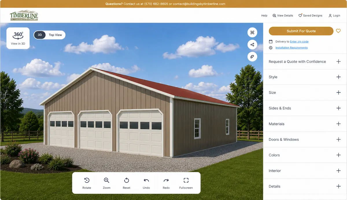 Three-car residential post frame garage with a gable roof and three overhead garage doors shown in Timberline Buildings' interactive 3D building design tool.