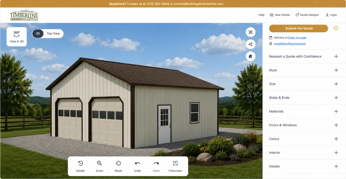 Two-car residential post frame garage with two overhead garage doors displayed in Timberline Buildings' interactive 3D building design tool.