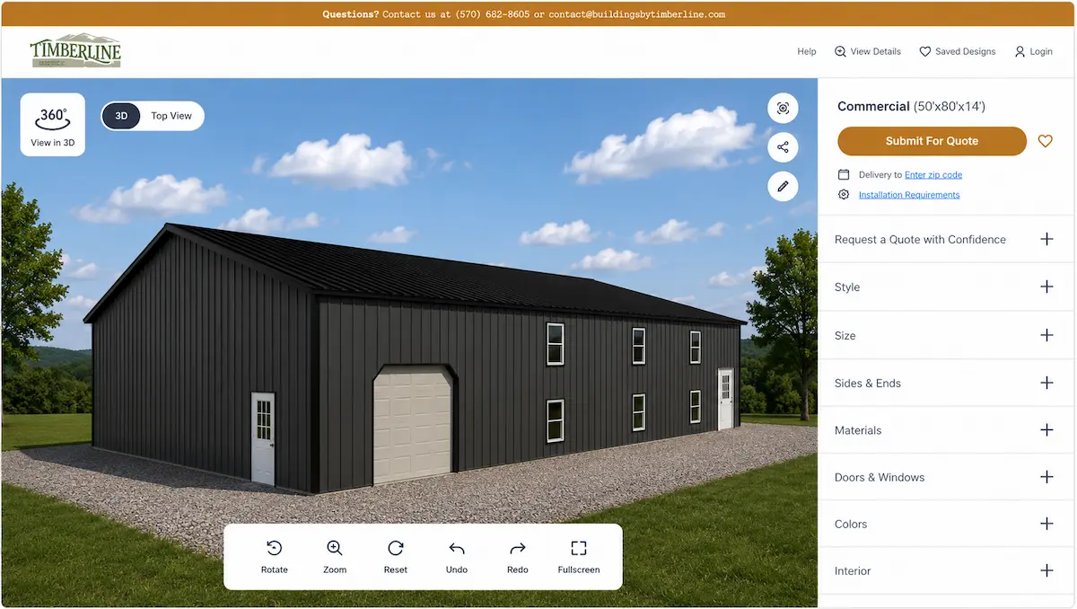 50x80 Commercial Post Frame Building | Timberline Buildings 50x80 commercial post frame building with metal siding, overhead door, and multiple windows shown in Timberline Buildings' 3D design tool.