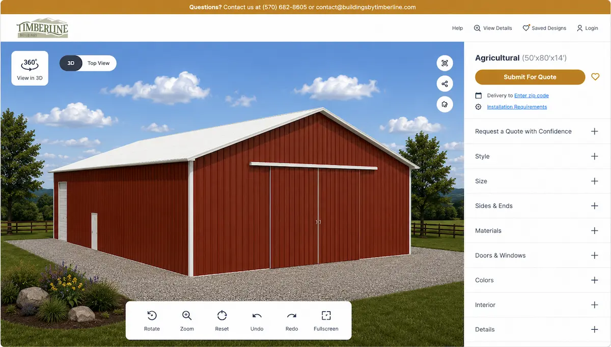 Red agricultural post frame building with a large sliding barn door and white metal roof shown in the Timberline Buildings 3D design tool.