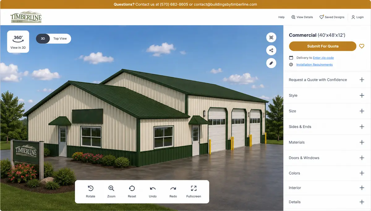 Commercial Post Frame Building with Garage Bays | Timberline Commercial post frame building with three overhead garage doors and an attached office area shown in Timberline Buildings' 3D design tool.