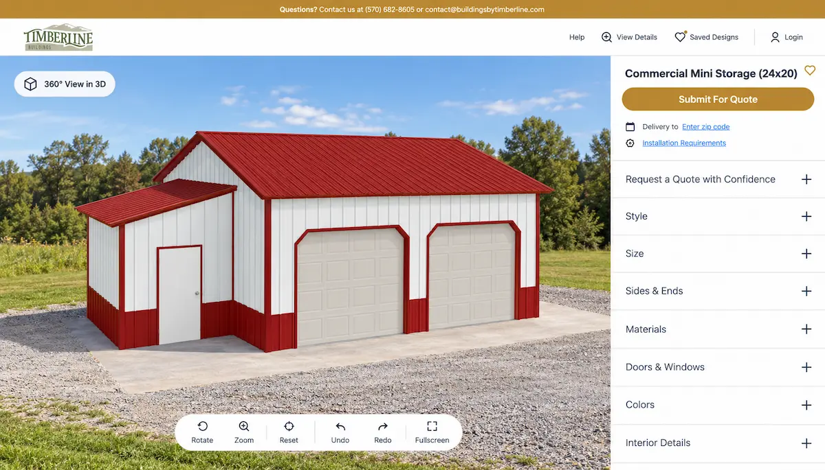 Two-unit commercial mini storage building shown in the Timberline Buildings 3D design tool