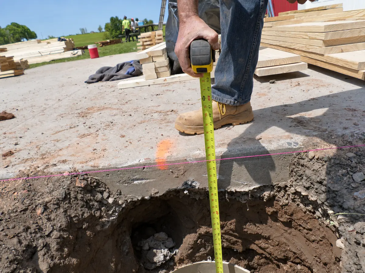 Measuring pole barn foundation post-hole depth before installation