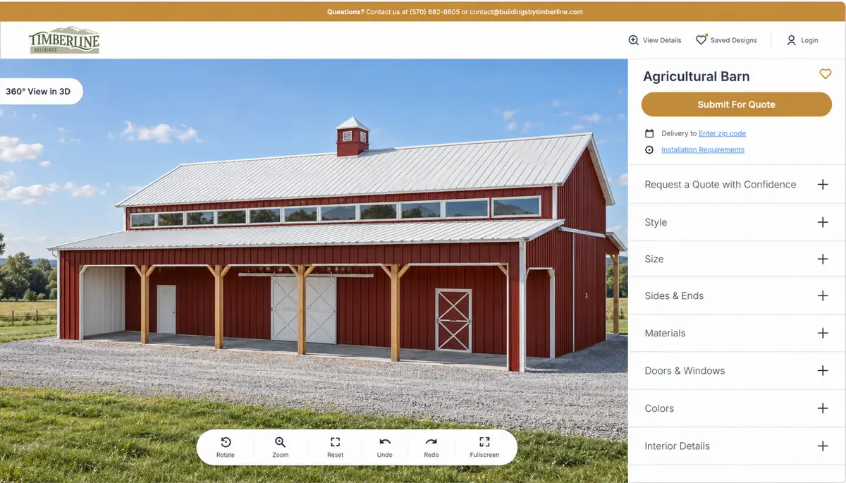 135-Agricultural Barn 3D Design Tool Red agricultural barn shown in the Timberline Buildings 3D design tool