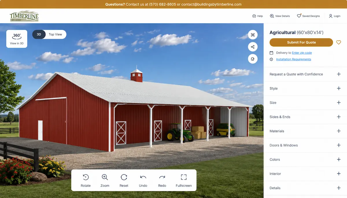 Red agricultural pole barn design with covered equipment storage