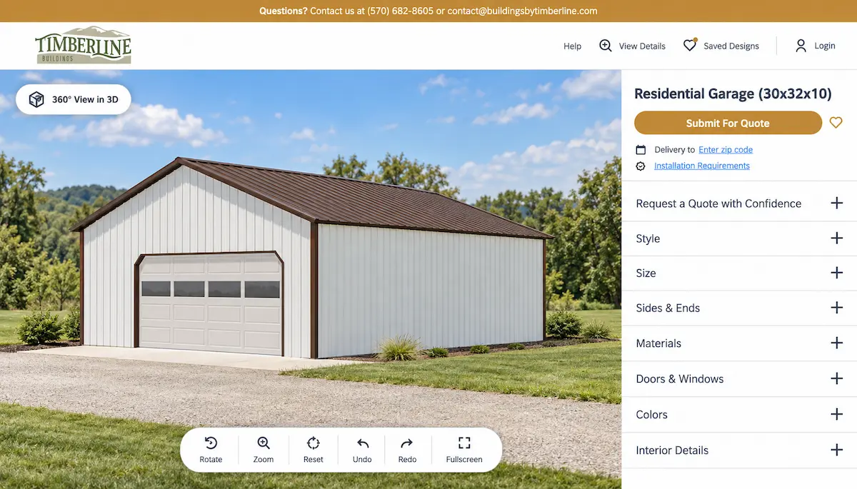 30x32 white residential pole barn garage shown in the Timberline Buildings 3D Design Tool